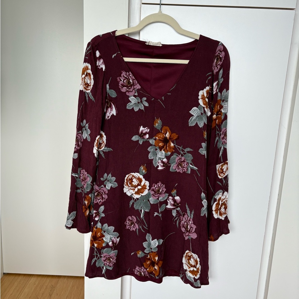 Altar'd State Maroon Floral Long Sleeve Dress